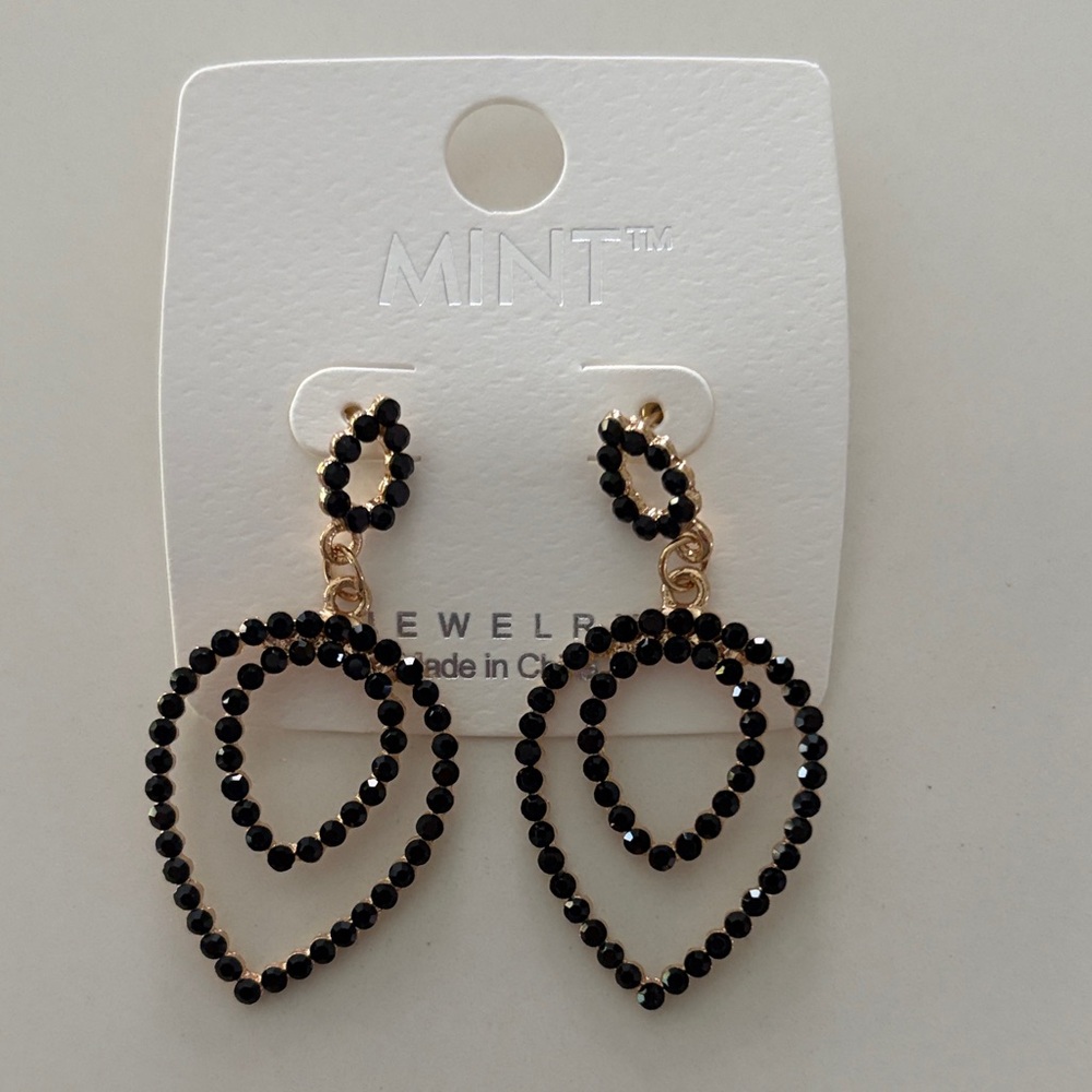 MINT Black Crystal rhinestone Double Drop Teardrop Earrings new!